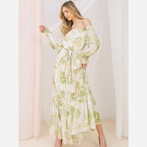 Garden Party Maxi Dress – Off-Shoulder with Waist Sash & Long Sleeves